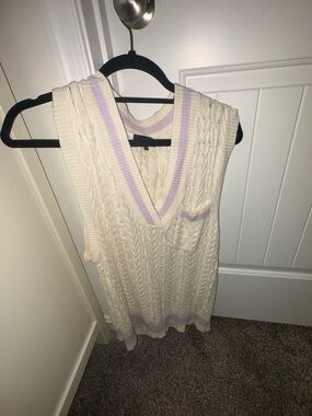 Blue Blush Cream Cable Knit Sleeveless Sweater Vest with Lavender Trim